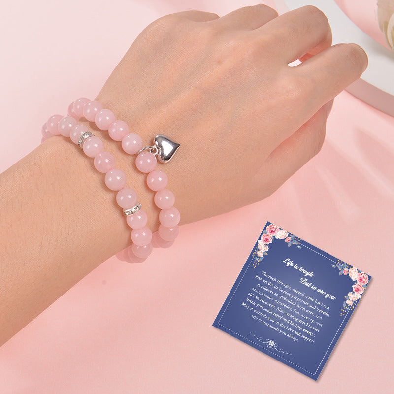 Wholesale 8mm Natural Stone Beaded Heart Set Bracelet